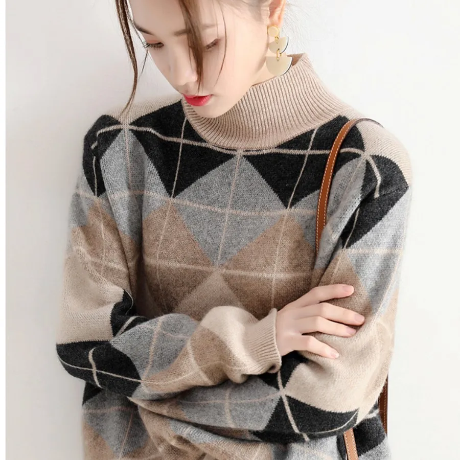 Новинка модный шерстяной свитер с узором ромбиками женский осенне-зимний