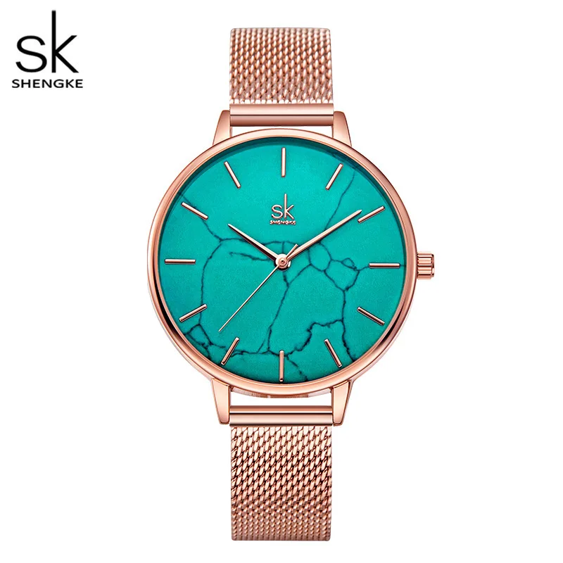 

Shengke Emerald Dial Women Watch Rosegold Stainless Steel Band Watch Marble Surface Reloj Mujer New Original Brand Watch forGirl