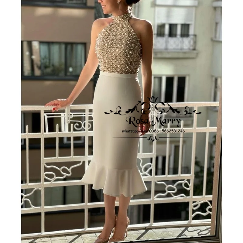 

Luxury Sequins Beaded Mermaid Wedding Dresses 2021 Halter Ruffles Skirt Plus Size Tea Length Cheap Bridal Gowns Vestido De Novia