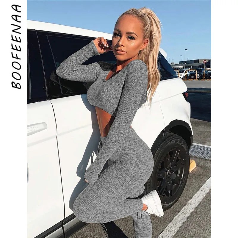 BOOFEENAA сексуальный женский спортивный костюм милый комплект из 2 предметов свитер