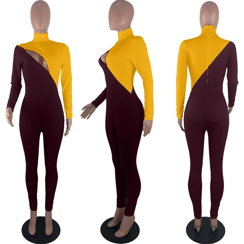 Цветной лоскутный сексуальный обтягивающий комбинезон для женщин с длинным