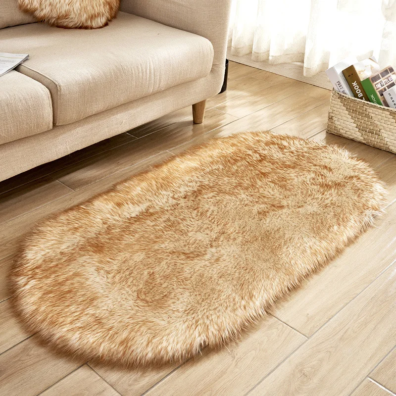 

Oval Soft Faux Sheepskin Fur Chair Cushion Area Rugs For Bedroom Floor Shaggy Silky Plush Carpet White Bedside Mat T352
