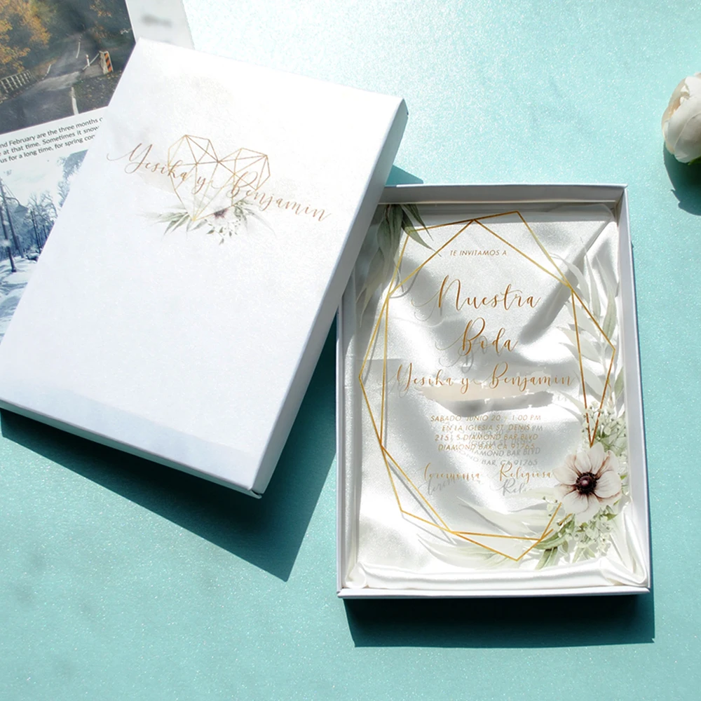 

10pcs Luxury Acrylic Invitation Card with Printed Box Custom for Wedding(Satin Need Extra Cost)