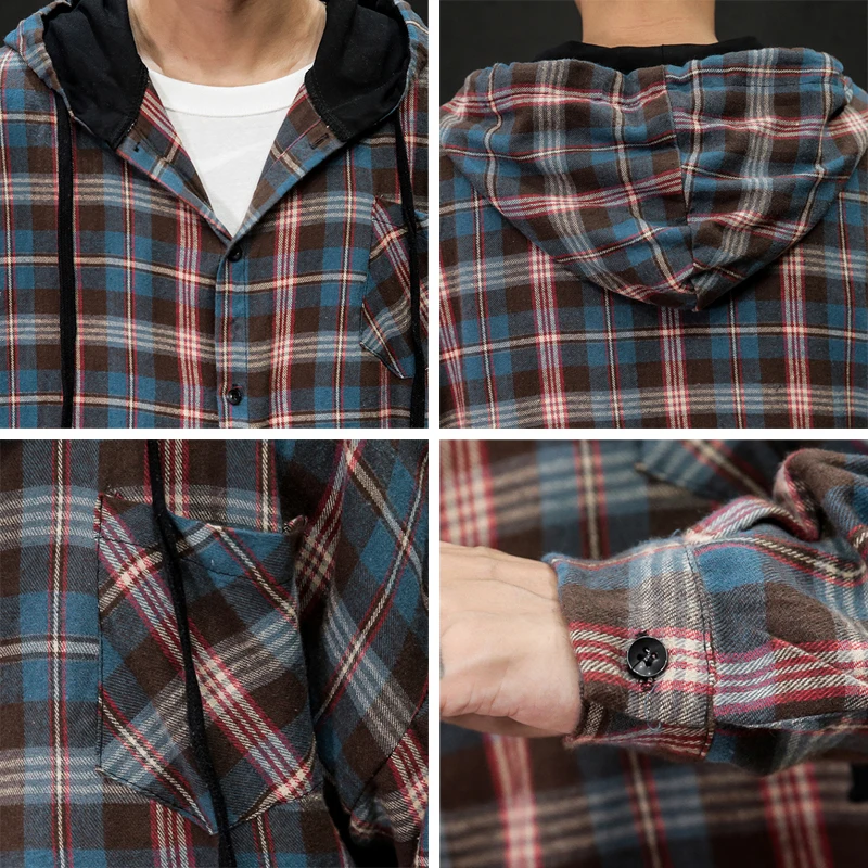 Шотландский мужской длинный рукав плед рубашки для мужчин с капюшоном рубашка