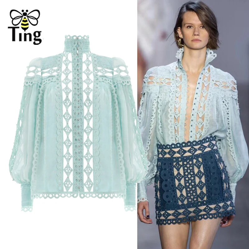 Tingfly Designer Runway Stand Open Collar Rivet Blouse Women Casual Full Lantern Sleeve Hollow Cut Out Shirt TopS Female Shirt