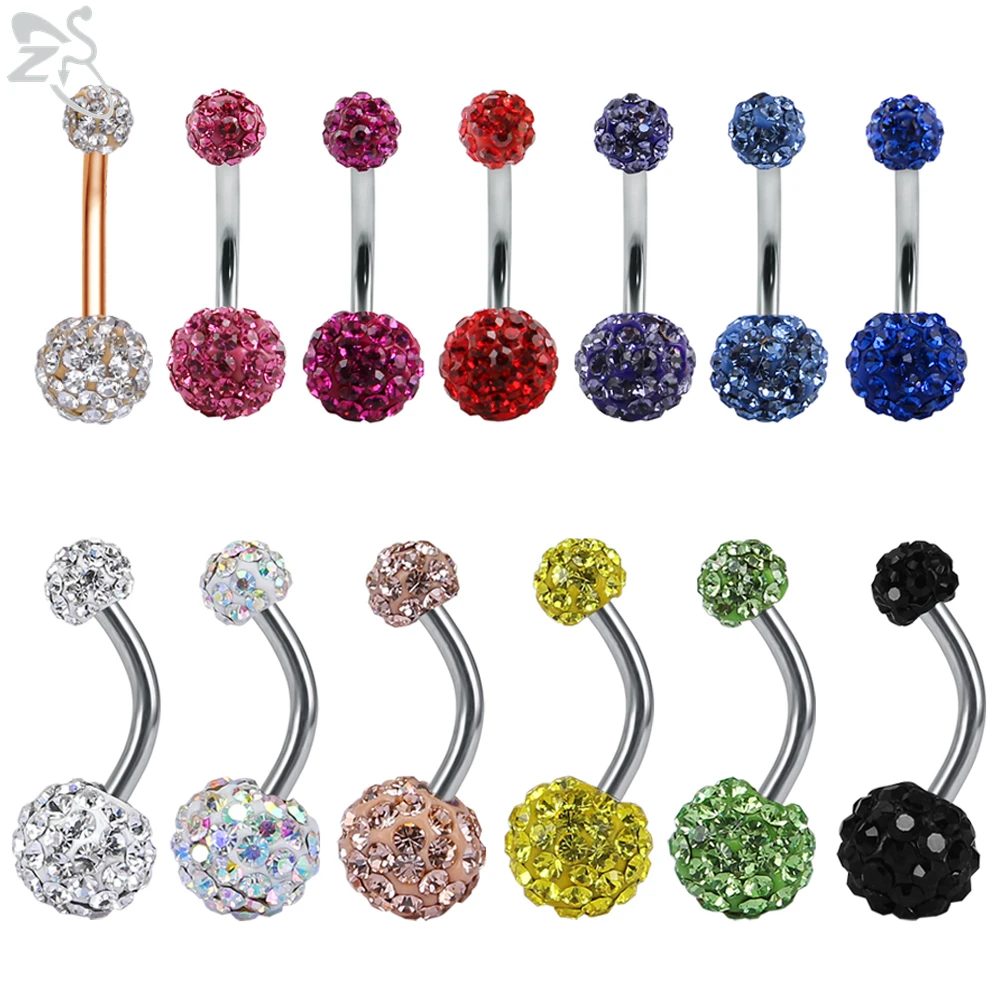 

ZS 1 Piece Colorful Zircon Ball Belly Ring 316L Stainless Steel Women Button Rings 14g CZ Crystal Dangle Navel Piercing Jewelry