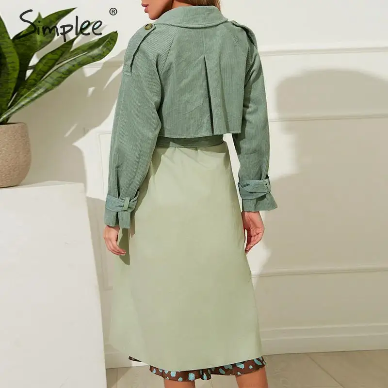 Simplee Elegant patchwork women trench coat Sash belt corduroy cotton female trenches Buttons pocket autumn winter long overcoat | Женская