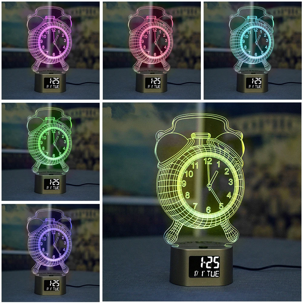 

Clock Light Night Light 7 Color Modern 3D Wedding Decor Home Ornament Light Up Gift Lighting Fixture Display Indoor 3D Night