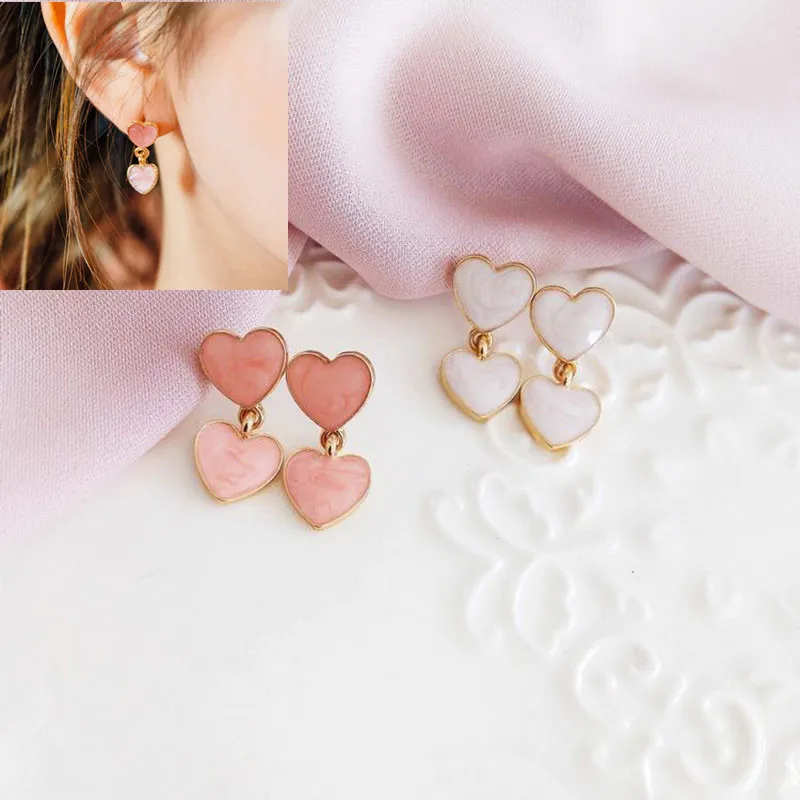 1 пара милых сережек гвоздики в форме сердца персика Двойные серьги кулон