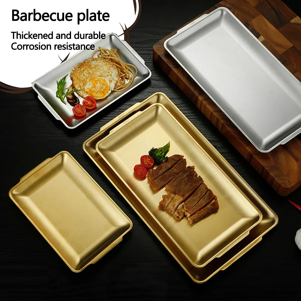

kitchen tools Stainless Steel Tray Plate Korean Barbecue Sushi Flat Bottom Fruit And Vegetable Storage Tray Kitchen Supplies