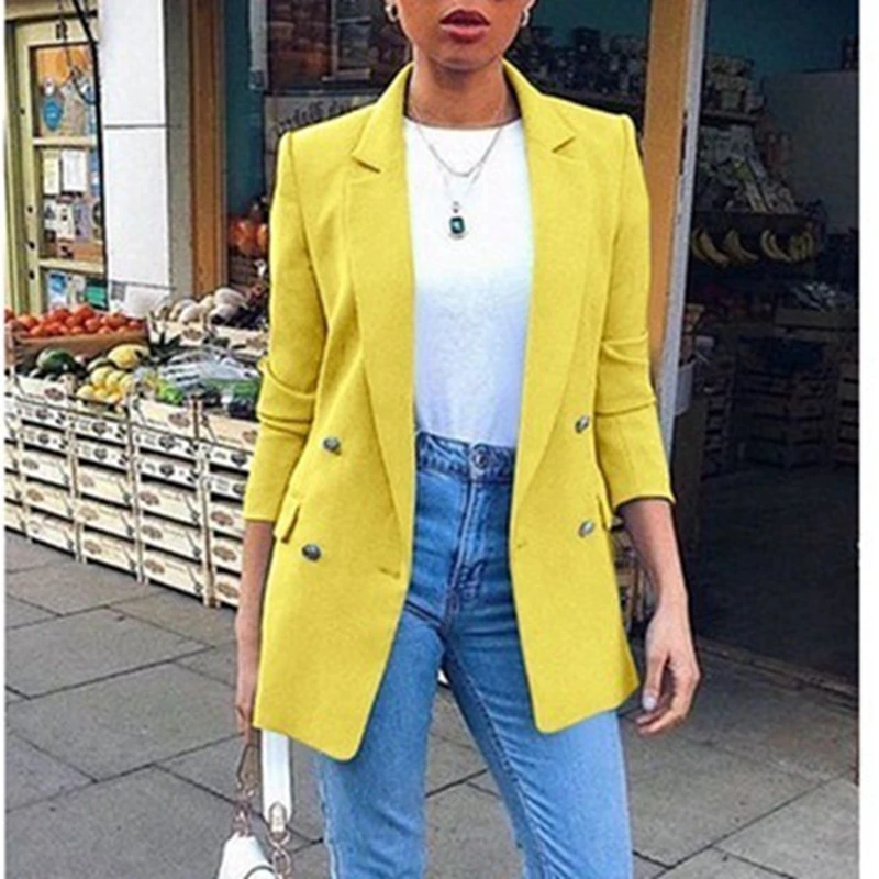 

2021 New Blazer Womens Jackets Long Solid Coats Office Ladies Turn Down Collar Jacket Casual Female Outerwear Suit