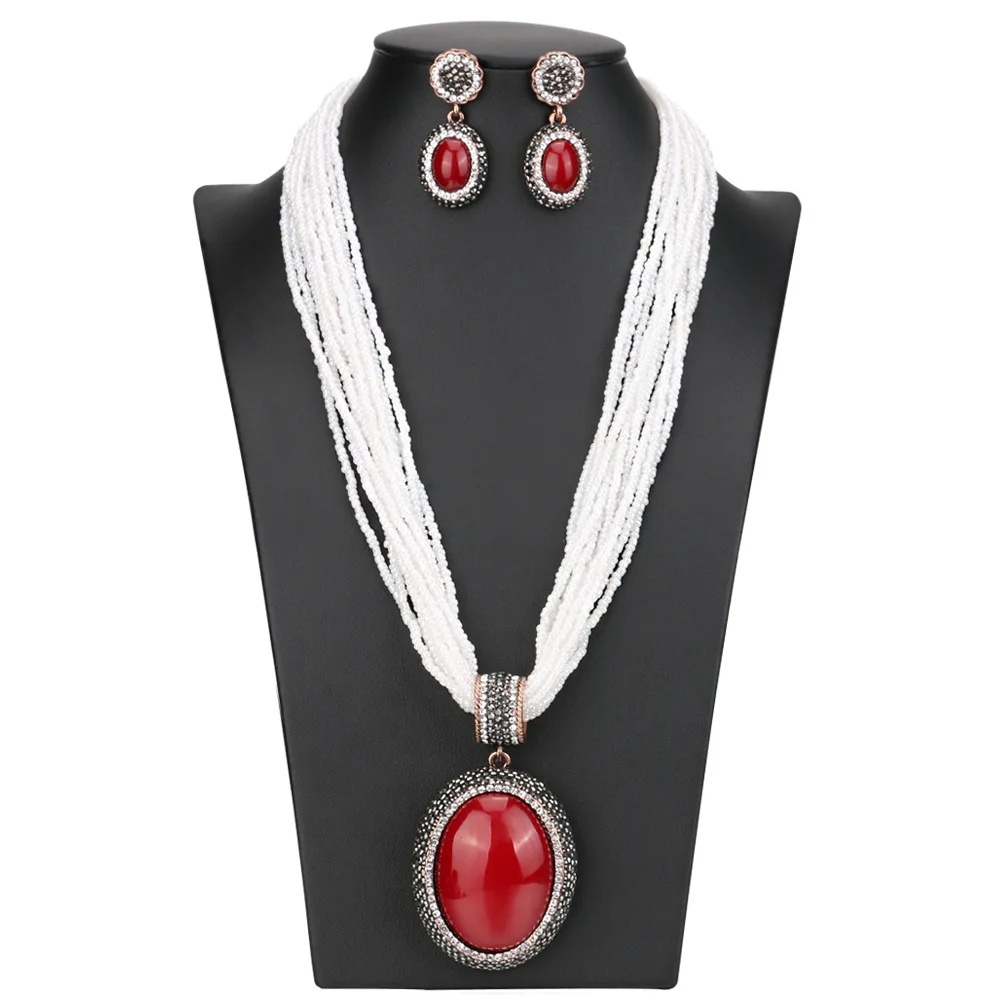 

Этническая богемная женская обувь для женщин заявление кристалл красный камень белый бисер ожерелье серьги комплект ювелирных изделий веч...