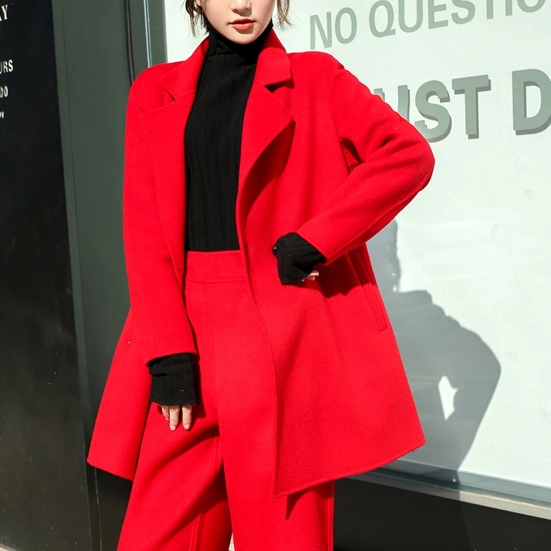 autumn and winter coat pants two sets of women cashmere short coat fashion sexy red cashmere party women's clothing