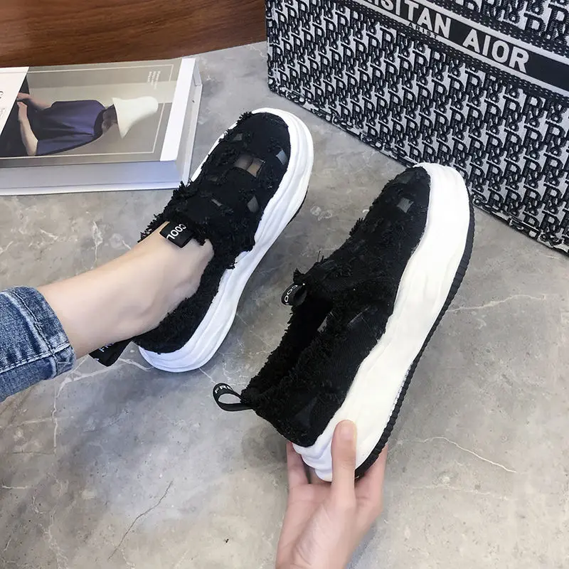 

Lisapie Women Shoes Summer Thin Section Casual Cutouts Net Canvas Shoes Hollow Cube Breathable Platform Flat Vulcanized Shoes