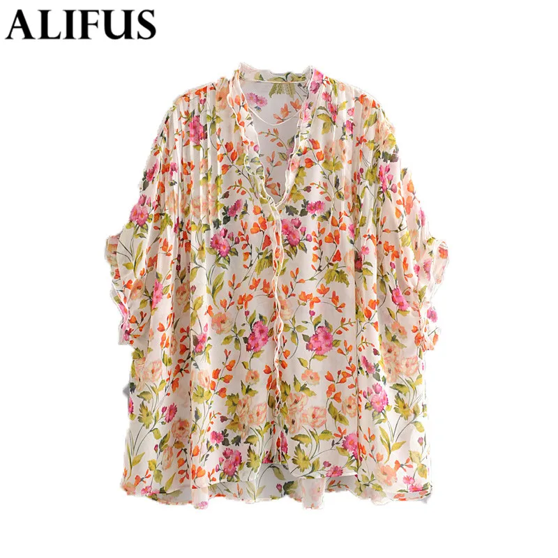 

Fashion Za Women Shirt 2020 Autumn Casual Ruffles Printed V Collar Shirts Blouses Loose Ladies Long Sleeve Blusas Tops