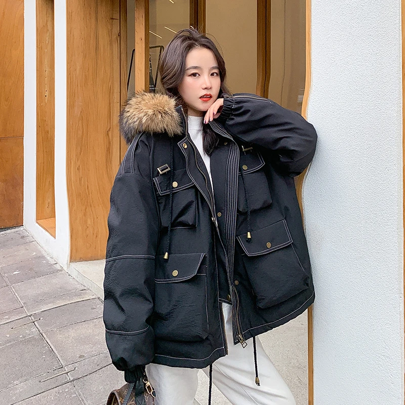 

2020 Winter Jacket Women Short Padded Imitate Rabbit Fur Female Clothing Black Warm With Zipper Hood Fluffy Korean Parka Coat