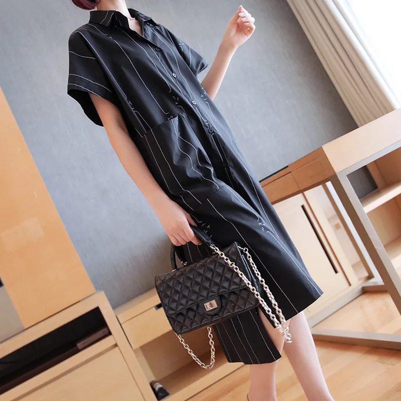 LANMREM Полосатое свободное женское платье с отворотом коротким рукавом и большим