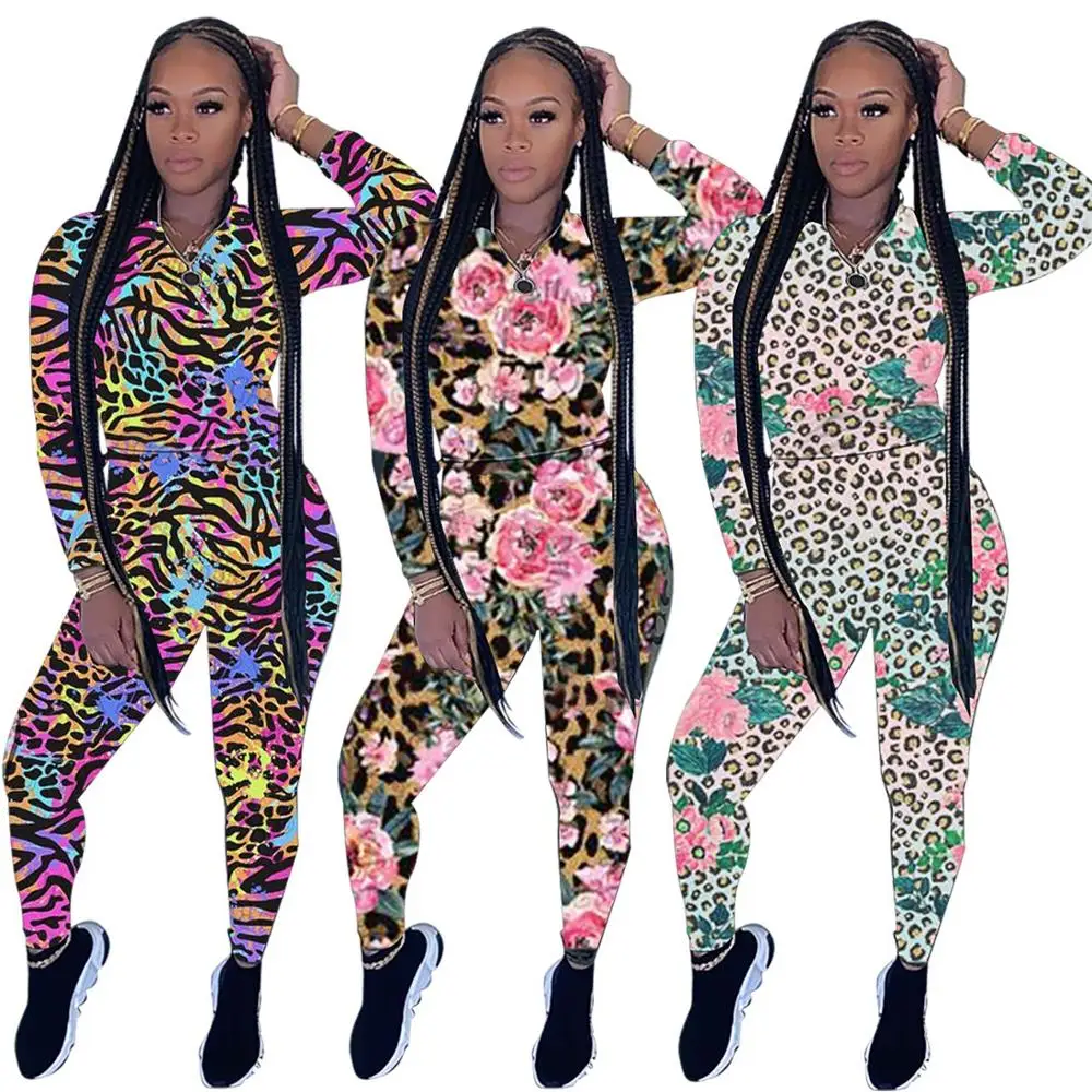 

Leopard Floral Print Women's Two Piece Set Sweatshirt Pecnil Jogger Trousers Pants Suit Tracksuit Matching Set Fashion Outfit