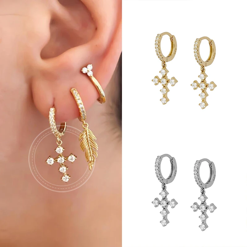 

925 Sterling Silver Rainbow/Purple Zircon Cross Pendant Hoop Earrings for Women 2021 Trend Simple Circle Earrings Jewelry Gifts