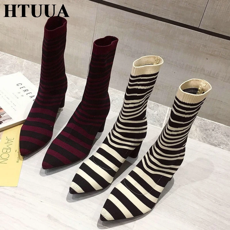 HTUUA/женские эластичные сапоги с острым носком сезон осень зима женские на высоком