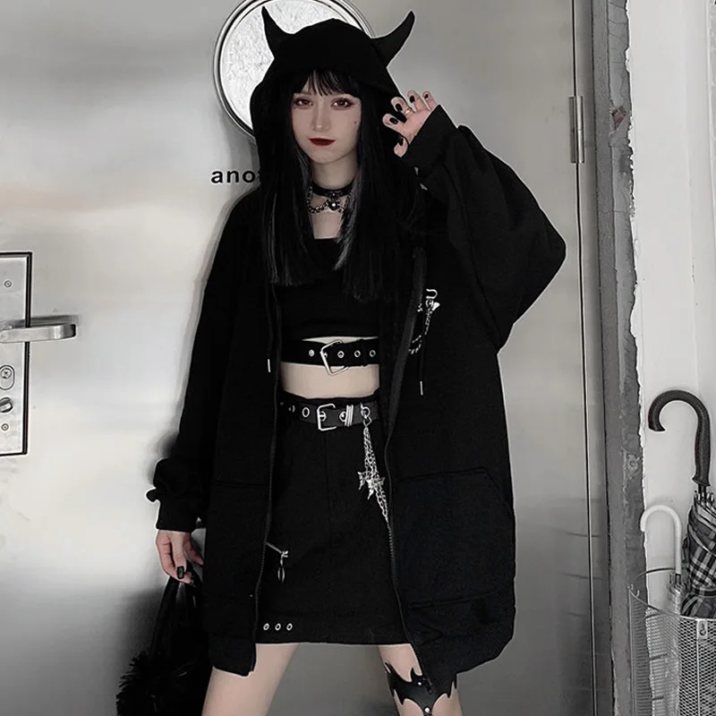 Sudadera con capucha japonesa con cremallera para mujer, ropa gótica Punk Harajuku, hada Grunge, chaqueta negra, abrigo, ropa de calle, Alt Emo