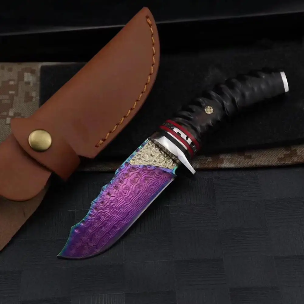 Самая низкая цена нож с фиксированным лезвием дамасская сталь ручка Олений Рог
