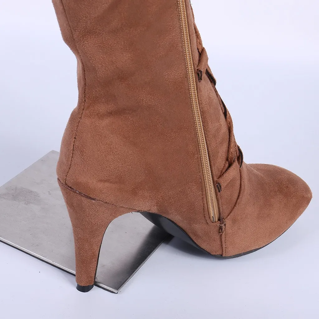 

Fashion Brown Over the Knee Boots Women Autumn Winter Side Zipper Suede Vintage Shoes Woman Party Strap Boots High Heels
