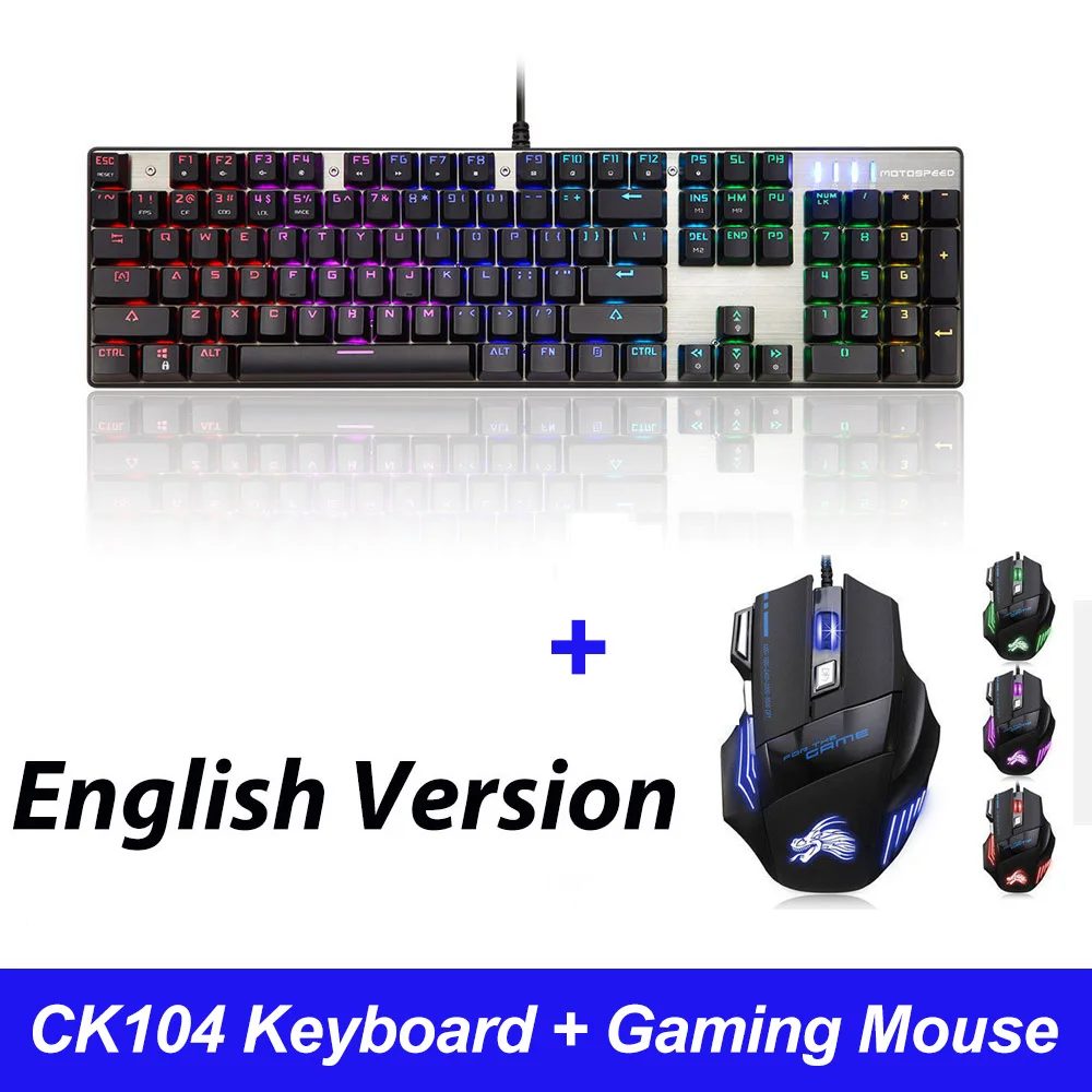 CK104 En Add mouse Игровая клавиатура MOTOSPEED CK104, русская/англий/ английская механическая клавиатура, синий/красный переключатель, металлический ключ, светодиодный RGB/клавиатура с подсветкой для геймера - Цвет: CK104 En Add mouse