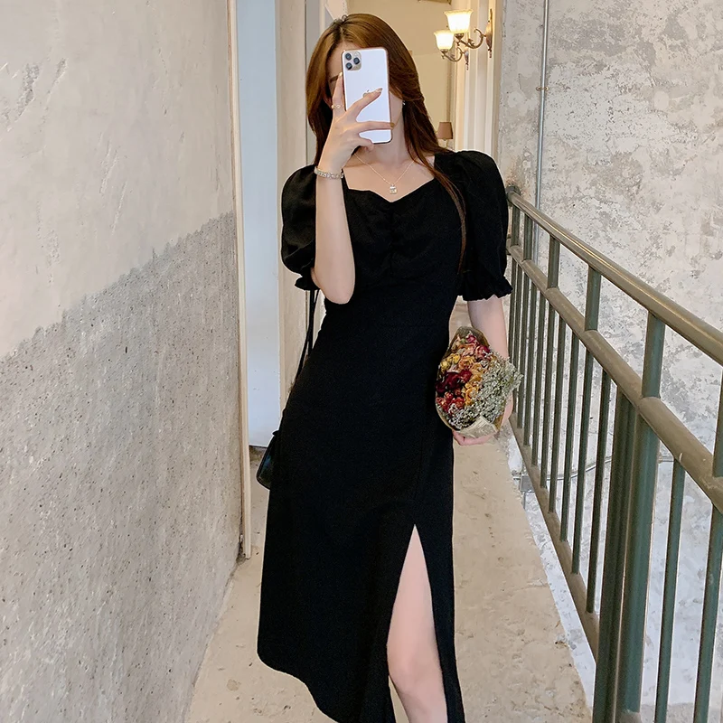 

Женское однотонное платье с квадратным вырезом, повседневное свободное платье в Корейском стиле с короткими рукавами, лето 2021