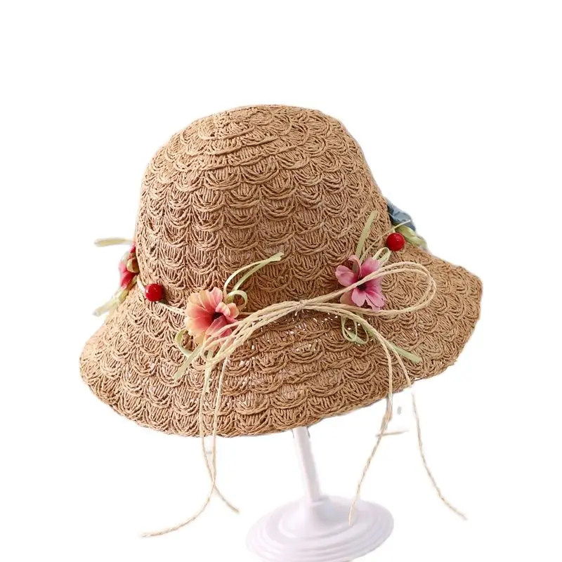 XEONGKVI Korean Wreath Bowknot Parent-child Sun Hats Spring Summer Folding Straw Hats For Women Girl Bucket Cap