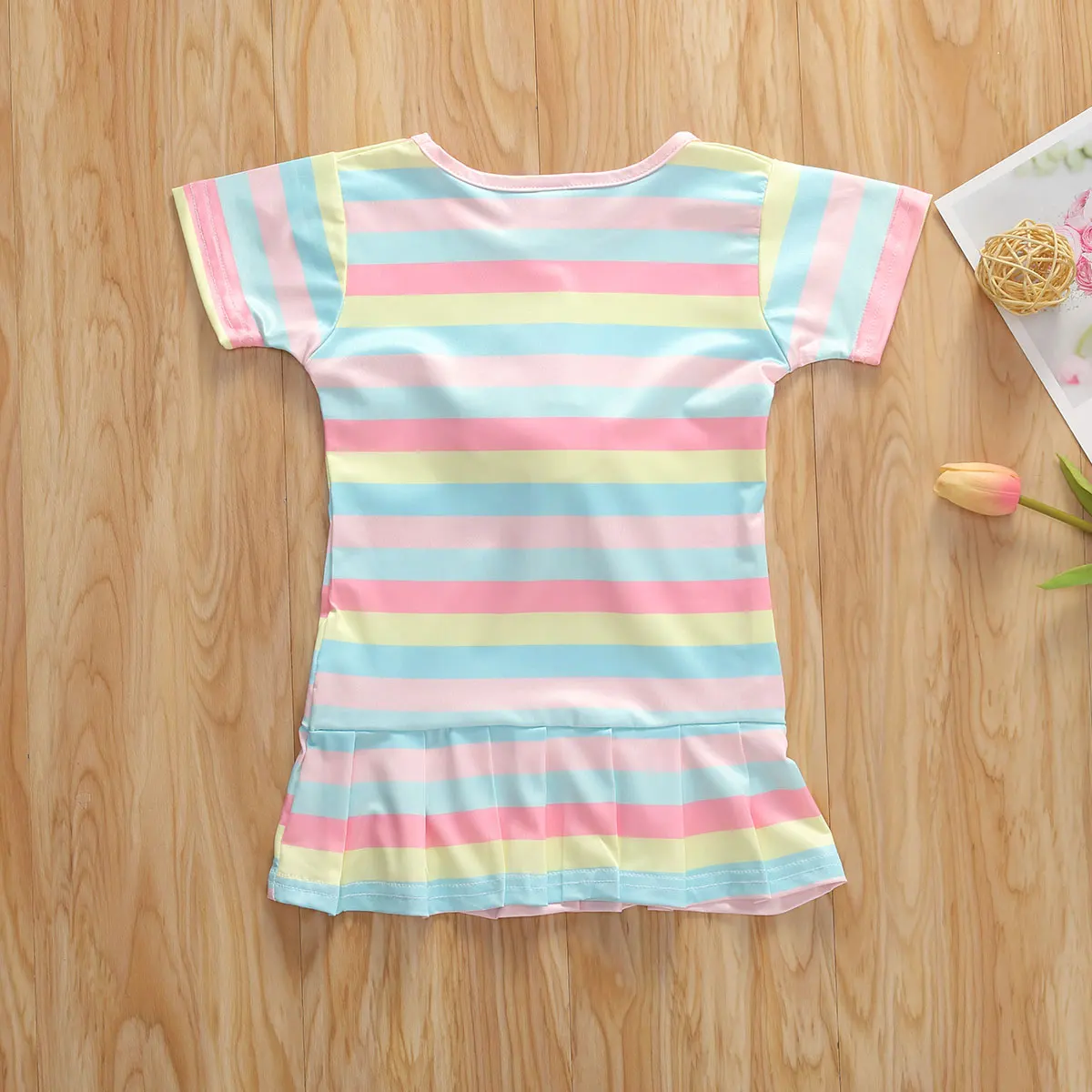 2020 Lovely Infant Baby Girls 1-5Y Dress Clothes Rainbow Striped Print Shorts Sleeve Ruffles Mini | Детская одежда и обувь