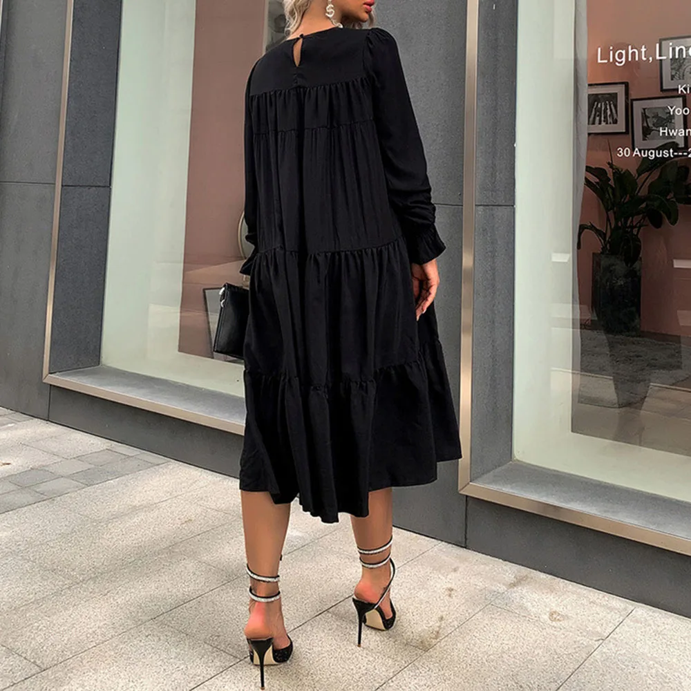 

Western Style Casual Fashion 2021 Spring Summer Women's Dress Loose Simple Simple Round Neck Long Sleeve