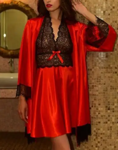 

Новинка Весна 2021 г., комплект из двух предметов, кружевной Повседневный свободный Однотонный женский атласный Шелковый ночной халат в стиле...