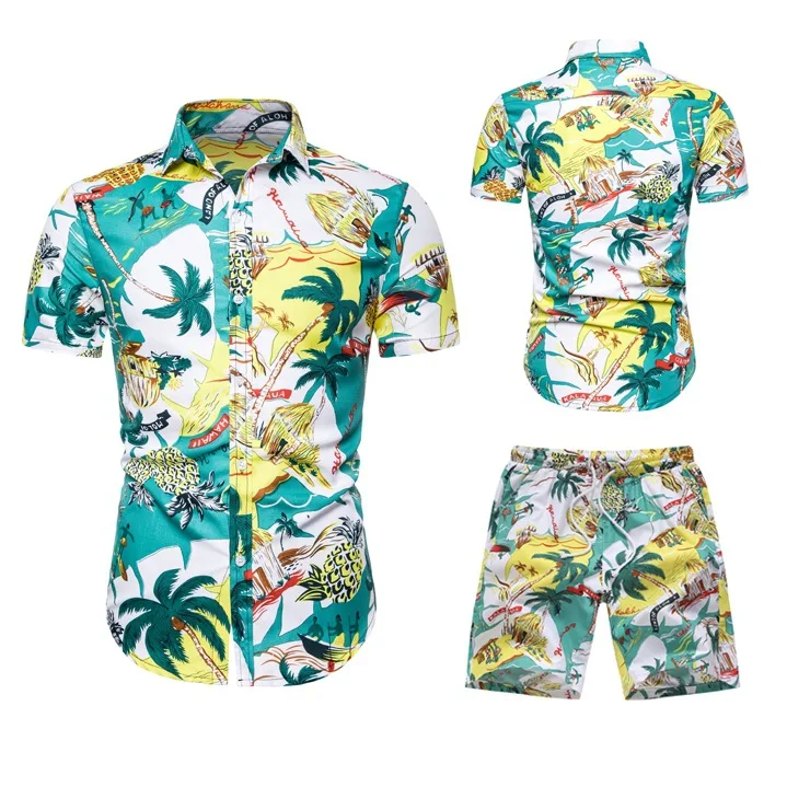 

Latest Design Summer Hawaiian Beach 2 Pieces Set Men Palm Printed Short Sleeve Shirt and Short Set