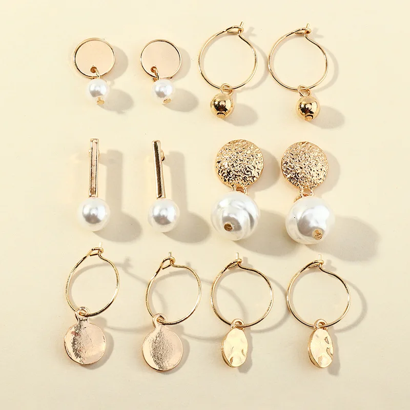 

2020 Wholesale European and American Fashion Jewelry Commuter All-match Pearl Earrings 6 Pairs Set Metal Disc Earrings