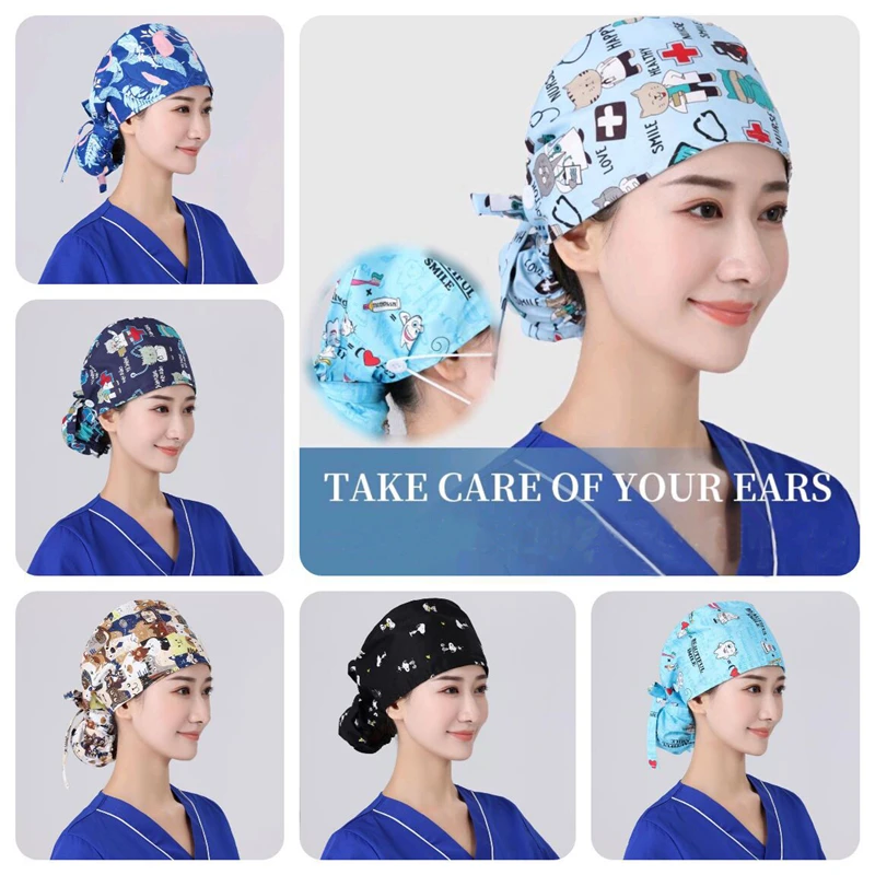 

Unisex Bow-knot Scrub Hat 2021 New Nurse Hat Fashion Print Cotton Dustproof Hat Beauty Working Cap Surgical Cap Gorro quirÃºrgico