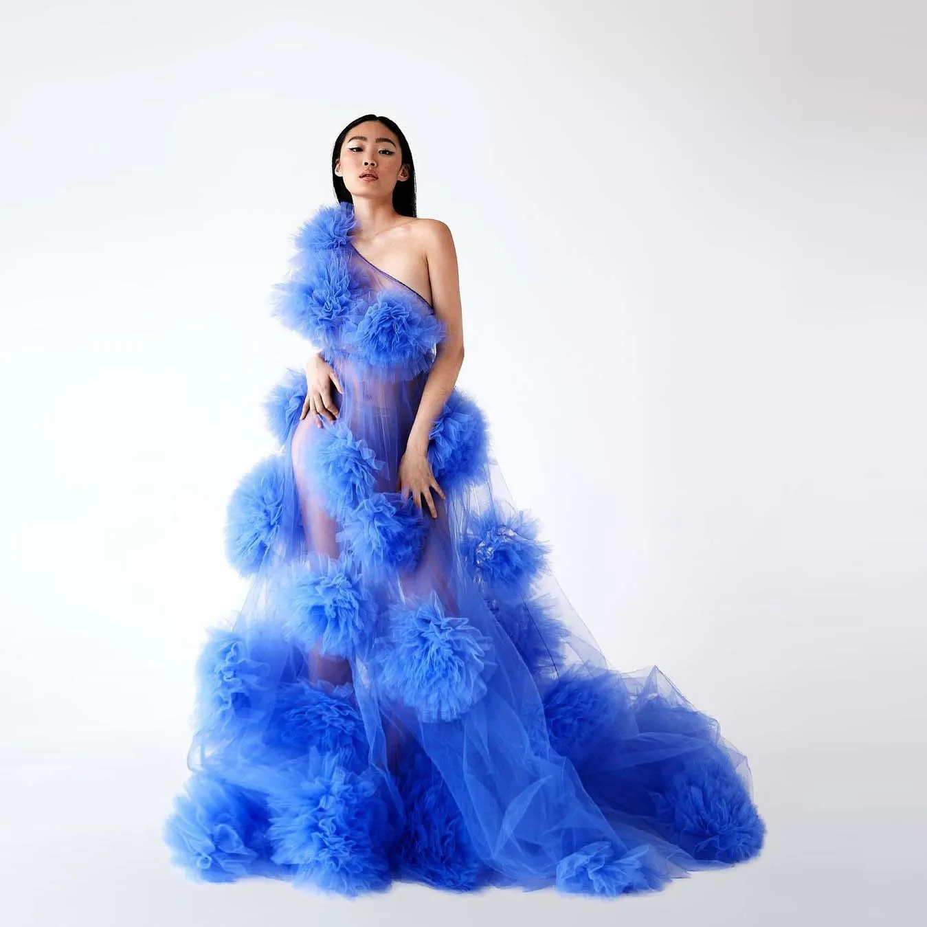 

Blue Elegant Exquisite Women Dress One Shoulder Tulle Floor Length A-Line Evening Dress Photography Custom Made Plus Size