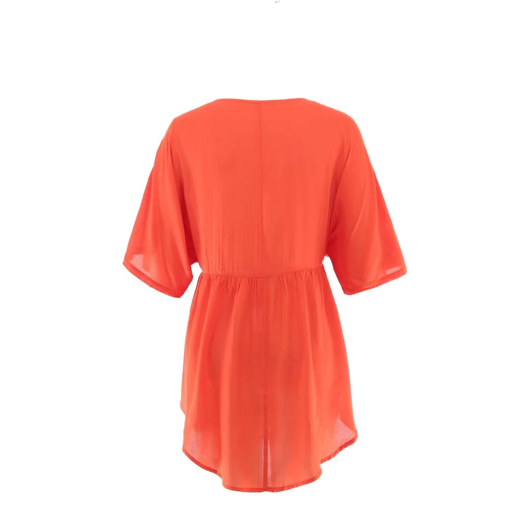 Fashion Women V-Neck Half Sleeve Solid Casual Mini Dress Beach Black White Orange Summer skirt with sleeves | Женская одежда