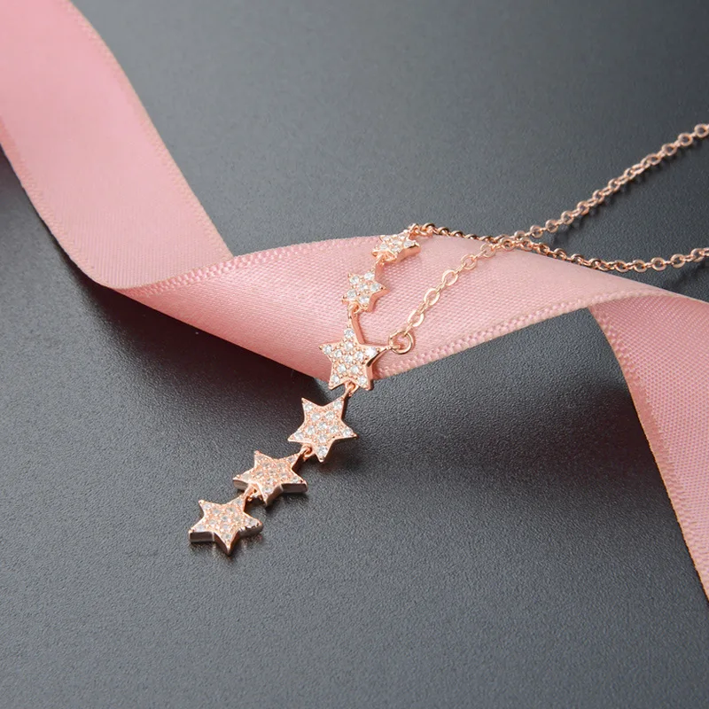 

New Starry Sky Star Pendant Necklace Ladies Fashion S925 Sterling Silver Rose Gold Color Clavicle Chain Fine Jewelry Women G0015