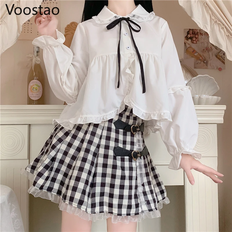 

Женская блузка в стиле «лолита», милая кружевная блузка с оборками и длинным рукавом, Женская клетчатая мини-юбка в стиле «панк», Y2k, милые ко...