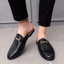 2021 New Sashion Black And White Half Leather Shoes Men's Slippers Casual Fashion Social Flat Moccasin Homme Chaussure
