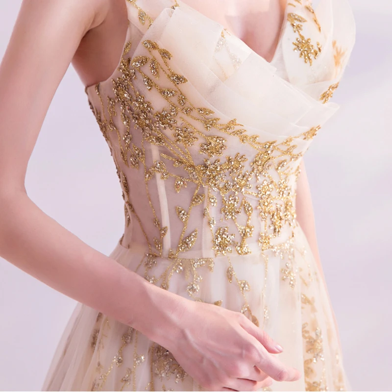 

Bespoke Occasion Dresses Illusion V-Neck Sleeveless Spaghetti Strap Crystal Pleat Tulle Lace Gold Women Wedding Party Gown TS164