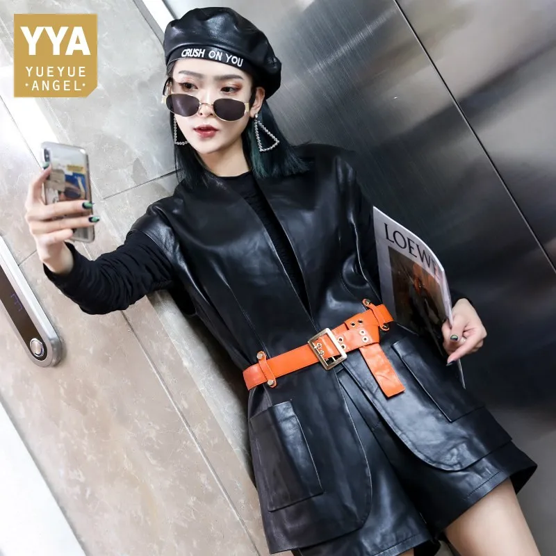 

Lady Korean Design Black Sleeveless Tops Jacket Office Sashes Slim Genuine Leather Vest Streetwear V-Neck Open Stitch Waistcoat