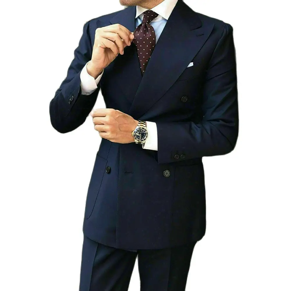 

Navy Blue Business Office Men Suits with Double Breasted Groom Tuxedos for Wedding Prom Formal Slim Fit Male Fashion Costume
