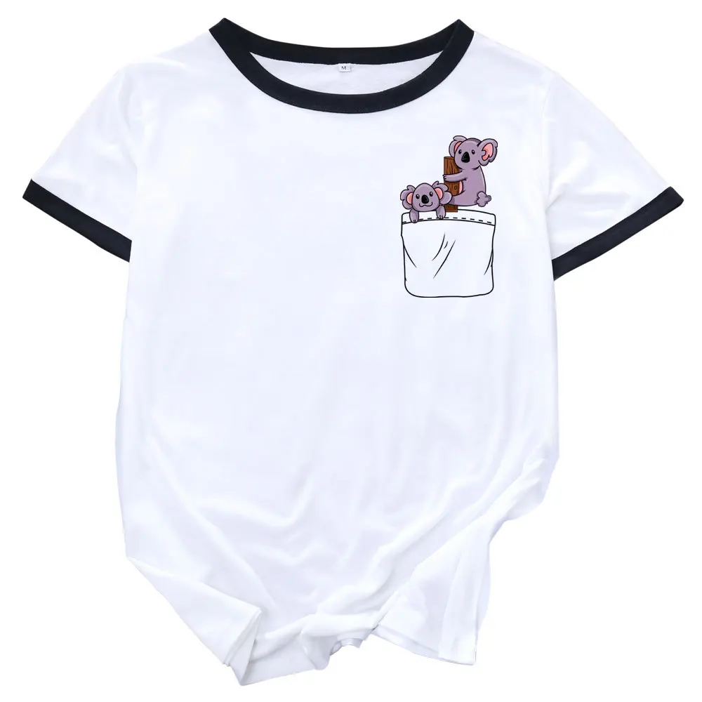 

Cute Pocket Koalas Animals Womens Colorblock Crewneck Short Shleeve Cotton Blend Summer T-shirts Graphic Tees Female Print Top