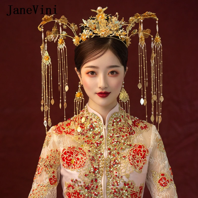 JaneVini Роскошная китайская золотая корона для волос свадебные головные уборы с