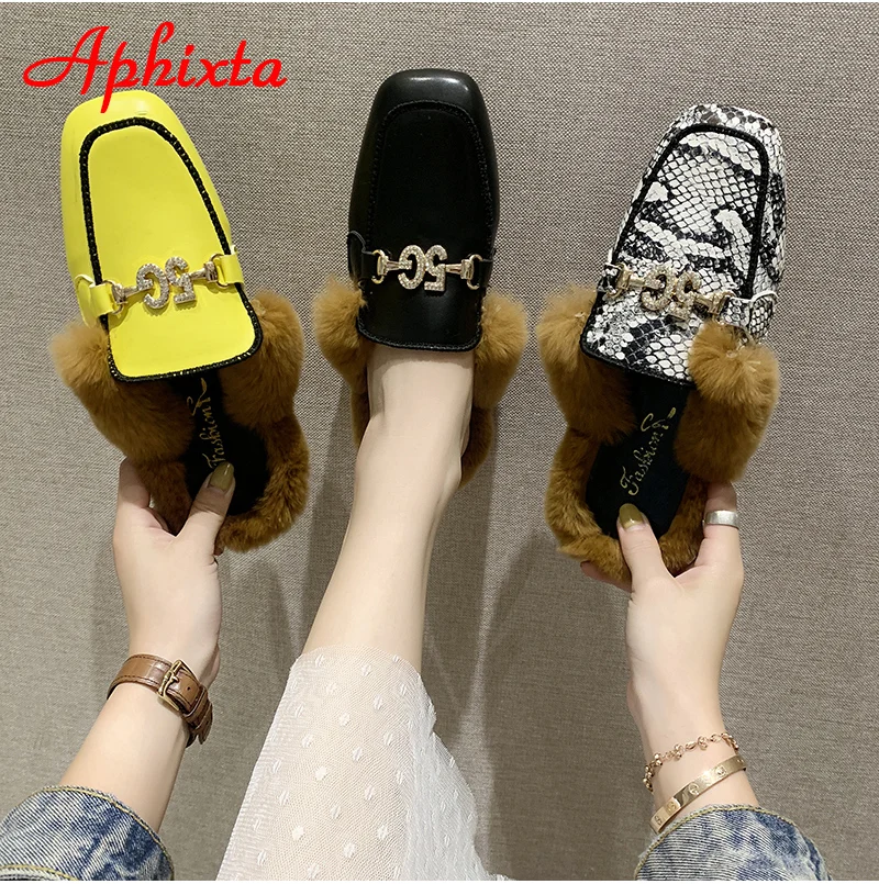 Aphixta/тапочки на Плоском Каблуке; женская обувь; Роскошные шлепанцы на меху со змеиным принтом и металлическими украшениями; женская теплая обувь; Mujer