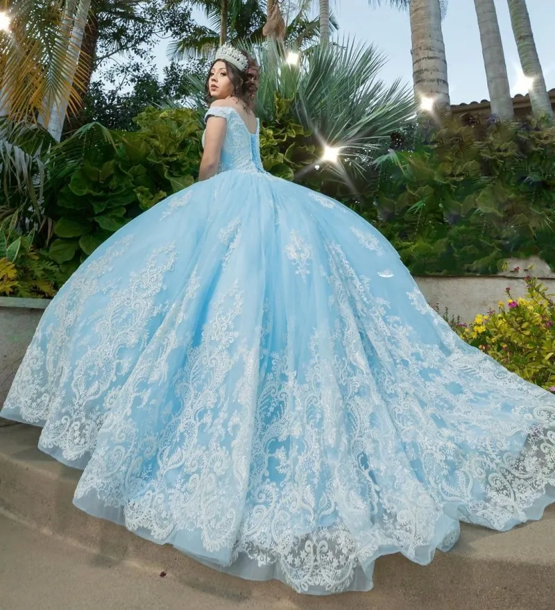 

Elegant vestido de XV años Sky Blue Quinceanera Dresses Lace Applique Off the Shoulder Sweet 16 Masquerade Porm Gowns
