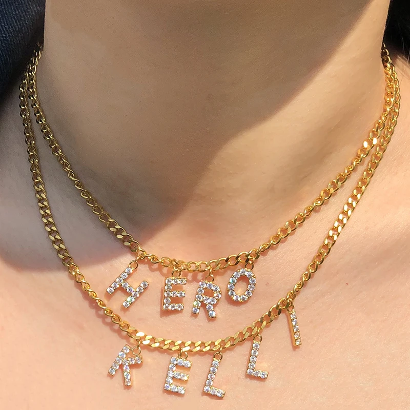 

Custom Diamond Necklace DIY Letter Choker Pendant Personalized Multilayer Cuban Chain Zircon Name Necklaces for Women Jewelry