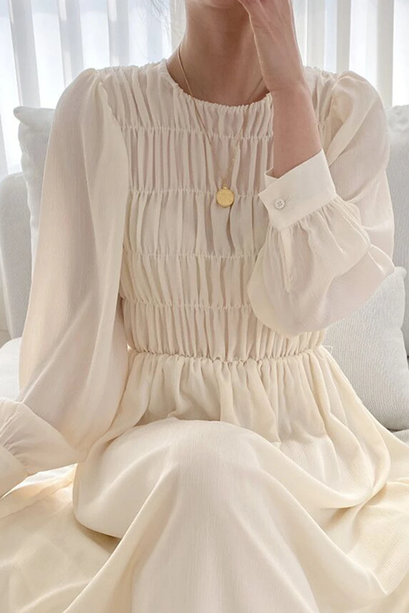 

ZCSMLL Round neck pleated vestido kaiwaist slimming knee-length long puff sleeve dress women 2021 spring summer